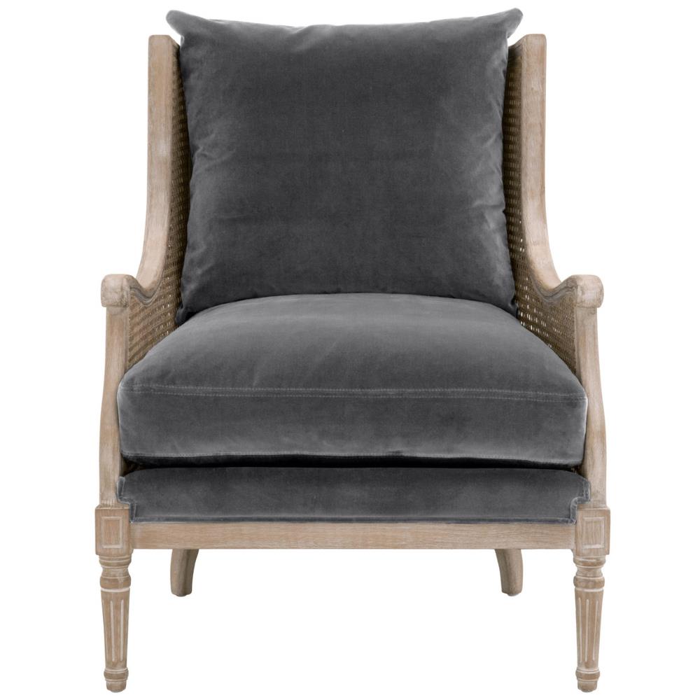 Beau French Country Grey Velvet Natural Cane Birch Wood Wing Arm Chair|