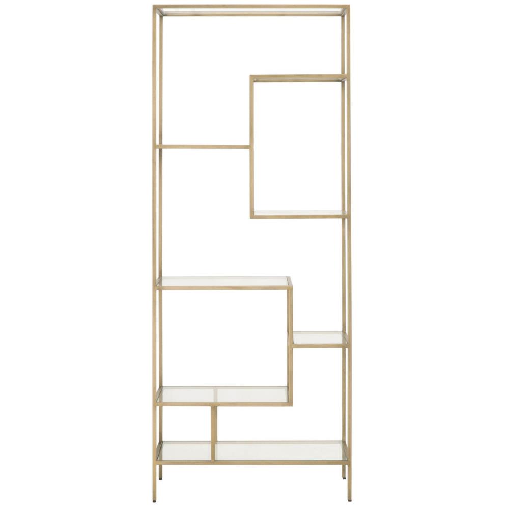 Ava Modern Classic Clear Tempered Glass Shelves Gold Brass Bookcase|