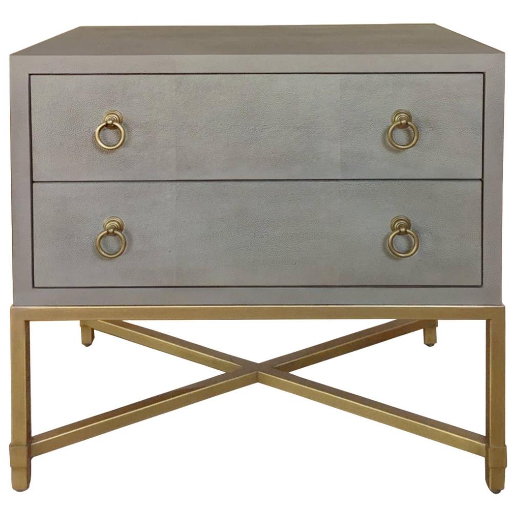 Simon Modern Classic Grey Shagreen Resin Brushed Gold Metal 2 Drawer Nightstand|