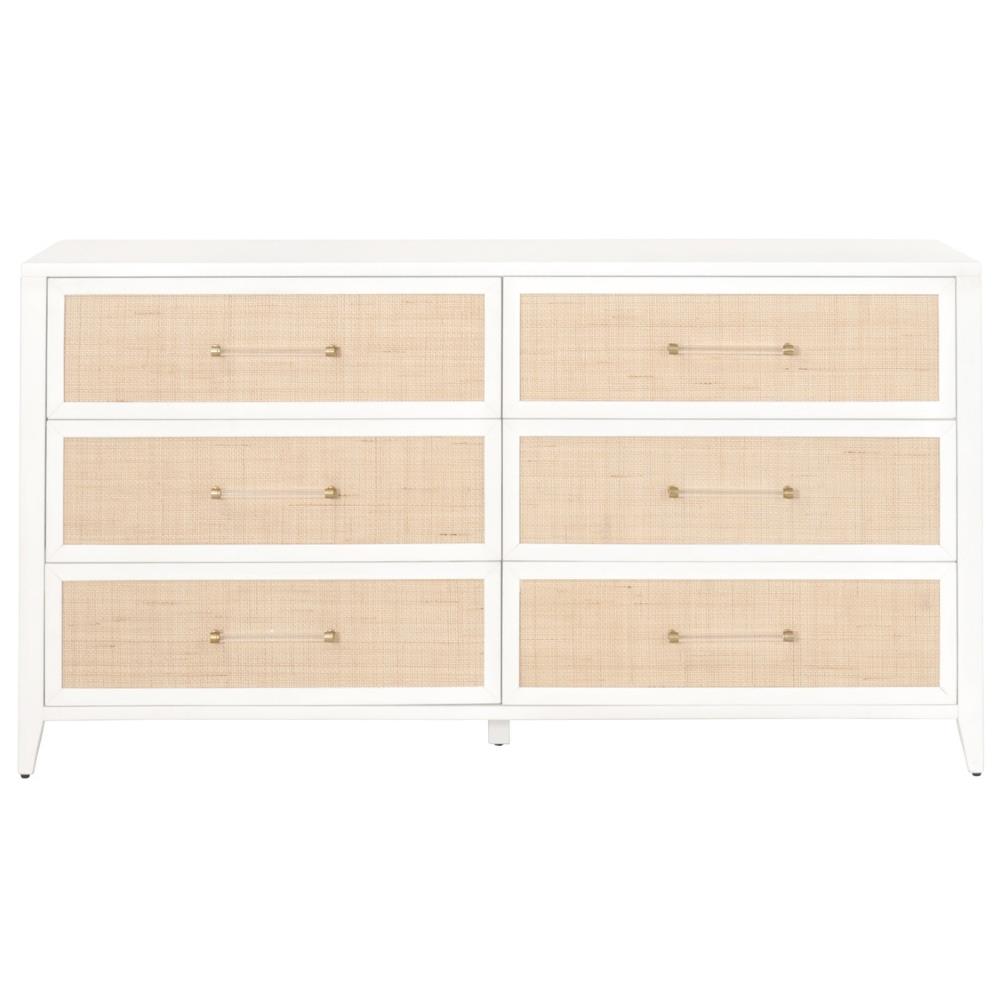 Steven Coastal Beach Natural Rattan White Wood Frame 6 Drawer Dresser|