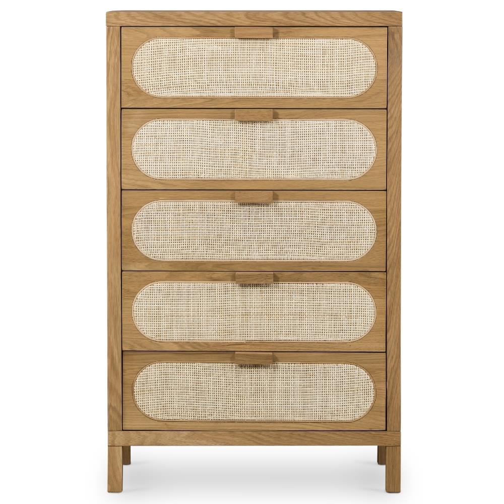 Allie Coastal Brown Oak Light Wood Beige Cane 5 Drawer Dresser|