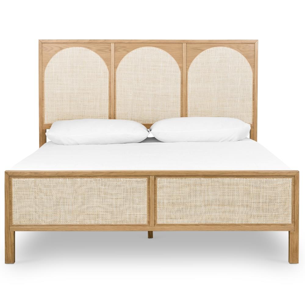 Allie Coastal Light Brown Oak Wood Natural Woven Cane Classic Bed - Queen|