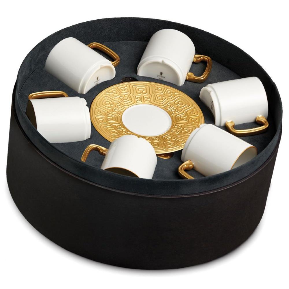 L'Objet Han Modern White Porcelain Gold Accent Espresso Cup and Saucer - Set of 6|