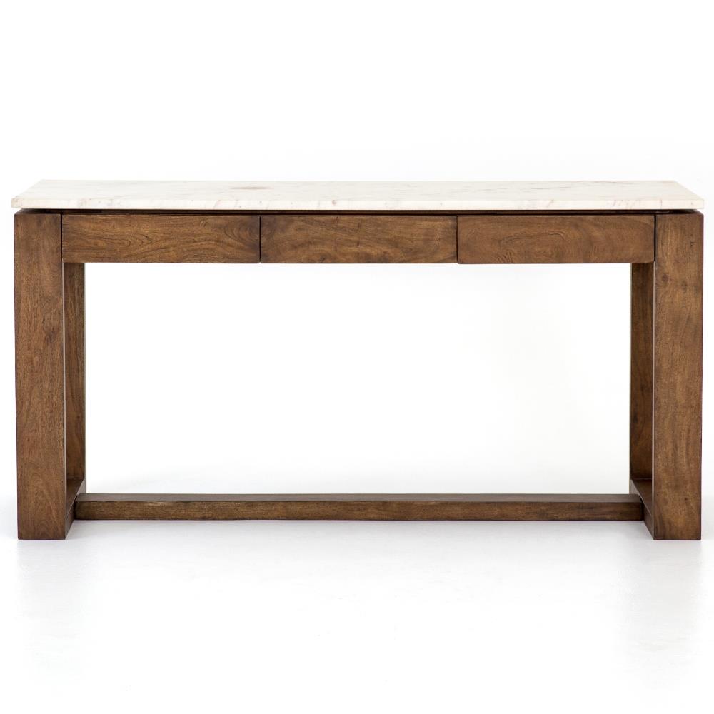 Tony Modern White Marble Tabletop Brown Acacia Wood 6 Drawer Kitchen Island|