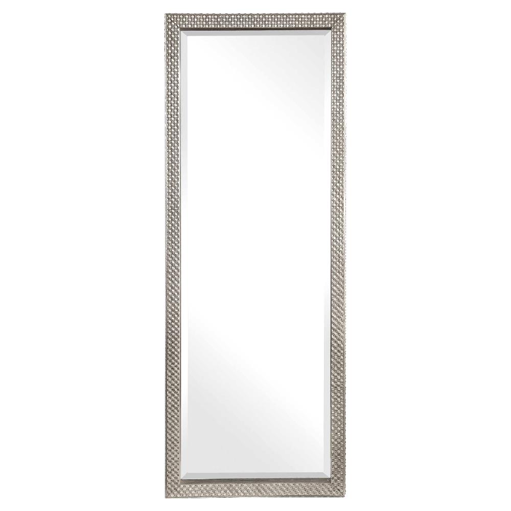 Cecille Modern Classic Diamond Stud Textured Silver Wood Floor Mirror|