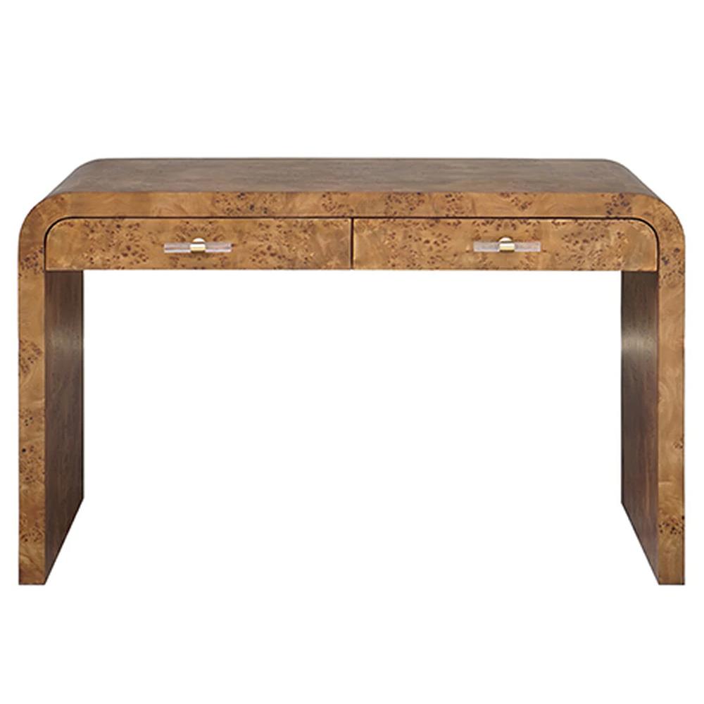 Worlds Away Petra Rustic Brown Burl Woodgrain Clear Acrylic Waterfall Edge Desk|