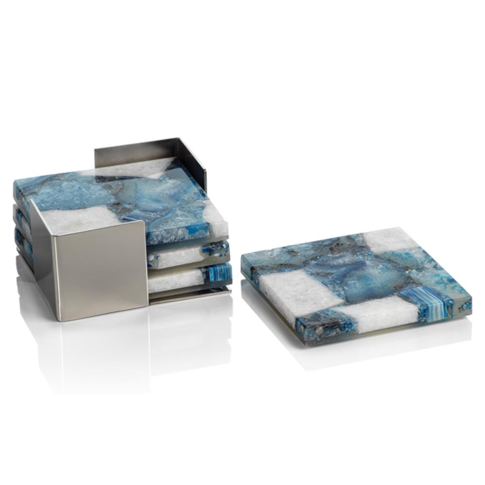Zoey Modern Classic Blue Agate Stone 4 Piece Coasters with Steel Tray|