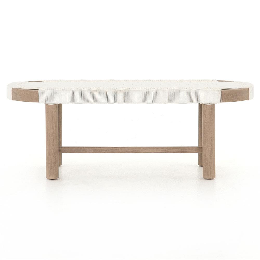 Summer Coastal Beach White Woven Rope Natural Teak Wood Outdoor Bench|