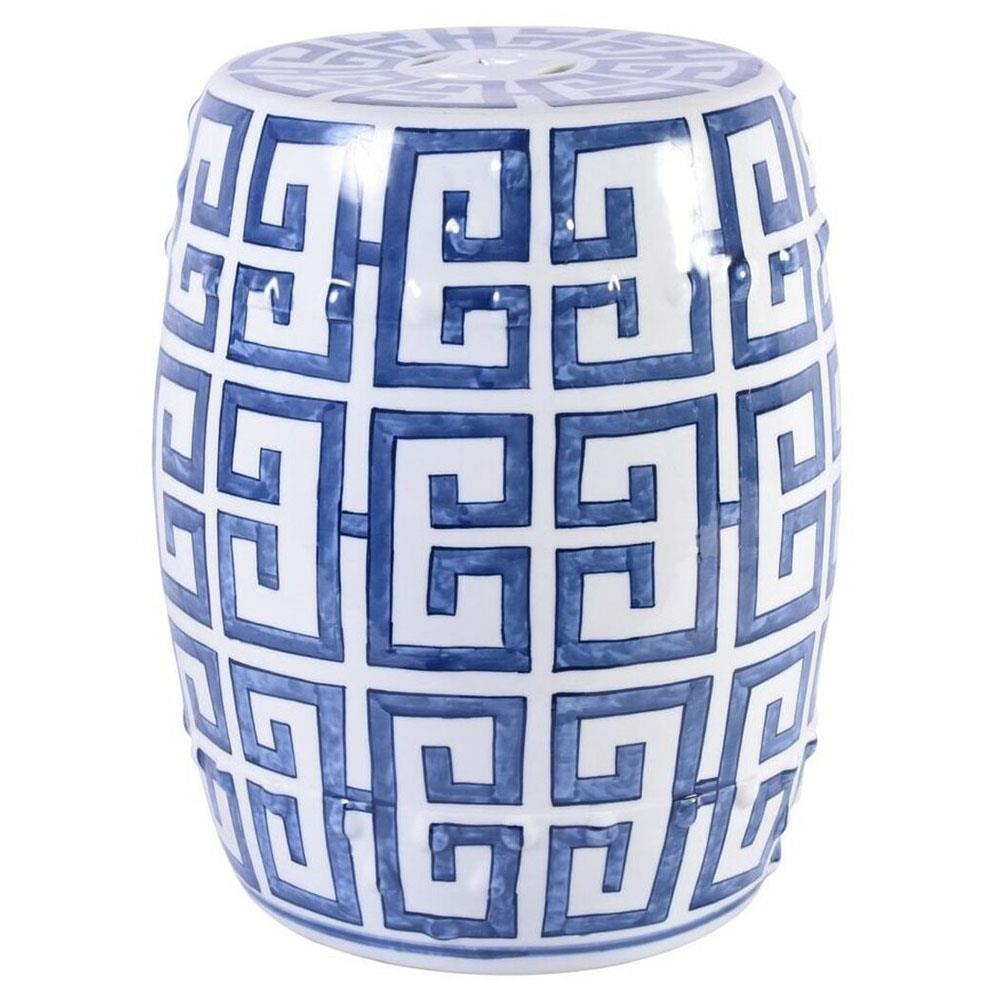 Cole Modern Classic Blue and White Porcelain Greek Key Outdoor Garden Stool|