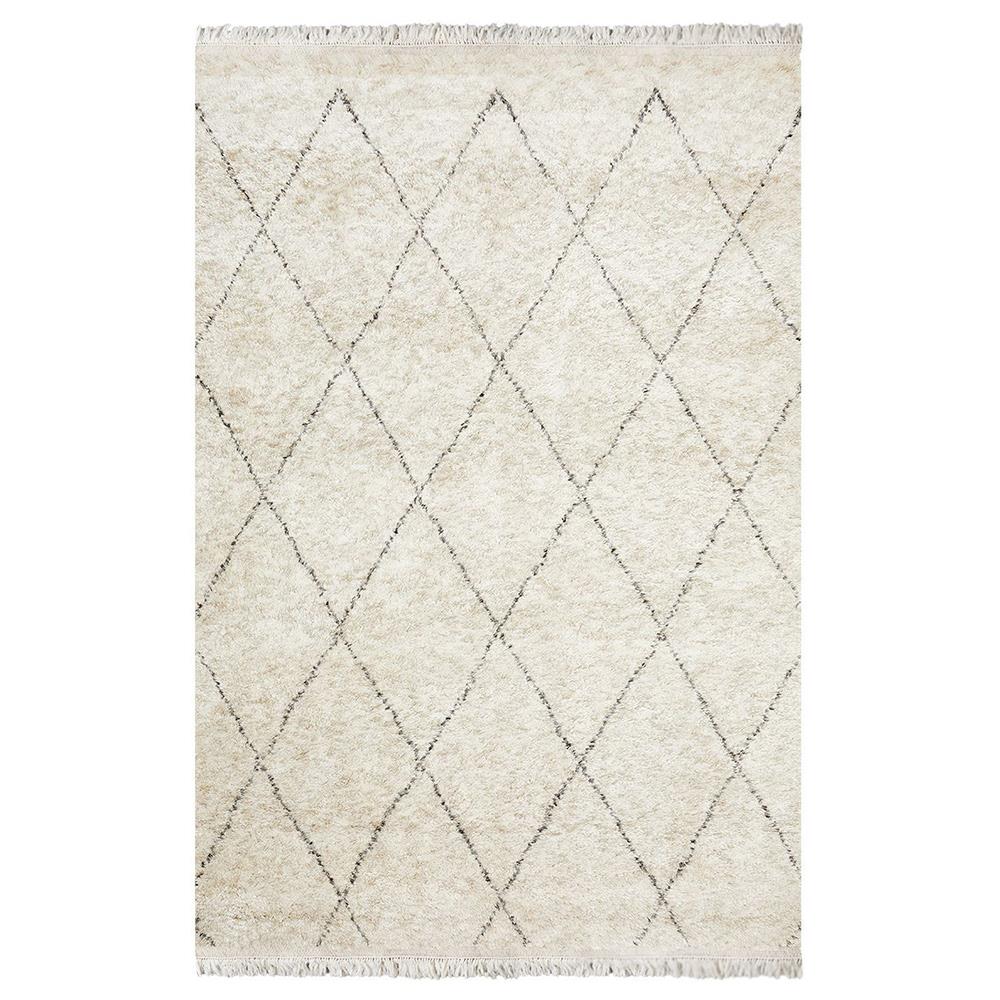 Shaggy Moroccan Linen Beige Wool Diamond Patterned Rug - 5'x8'|