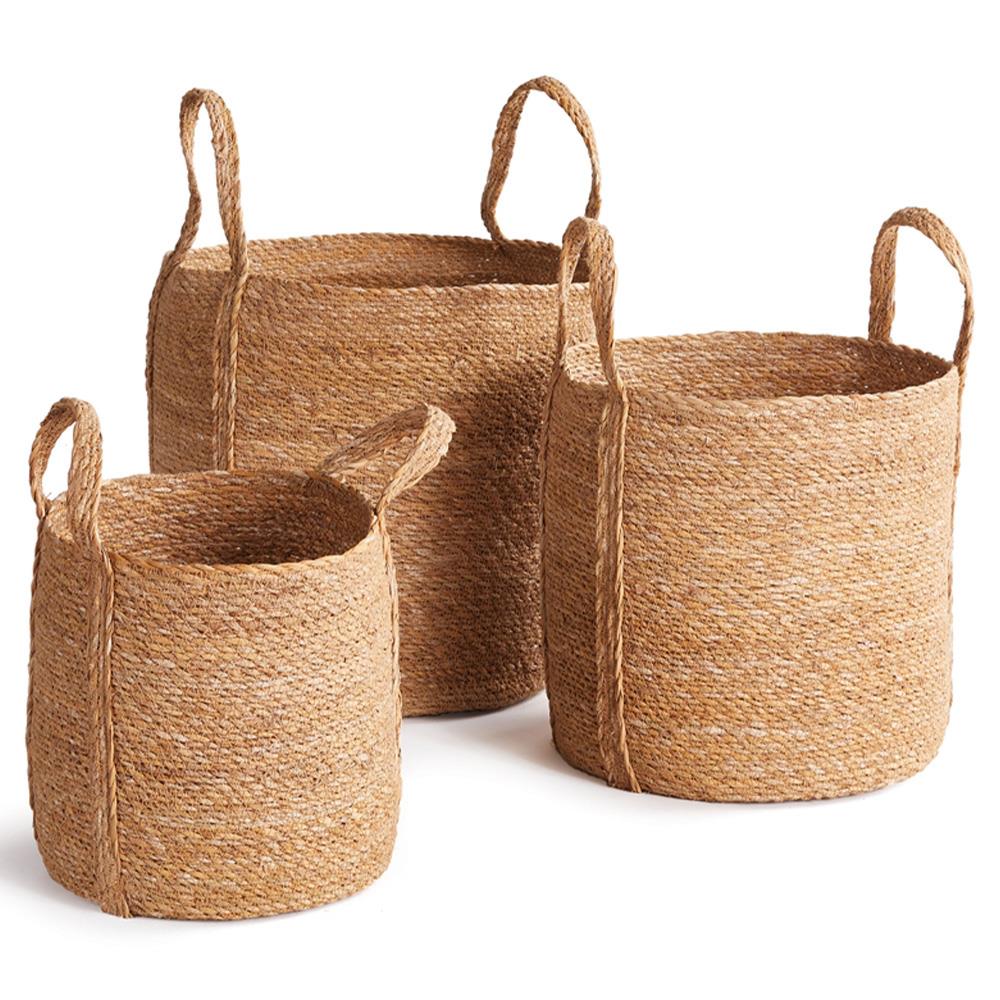 Zuri French Country Brown Seagrass Round Basket - Set of 3|