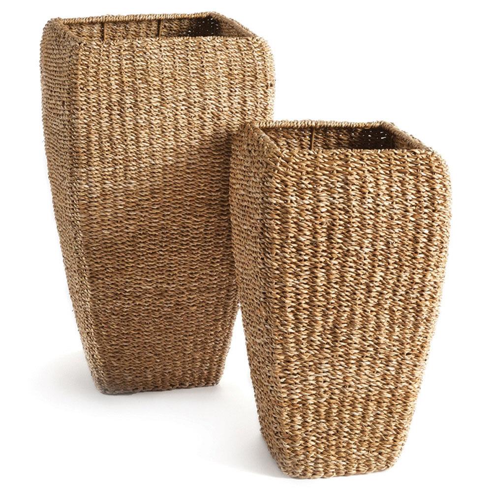 Zuri French Country Brown Woven Seagrass Square Basket Planter - Set of 2|