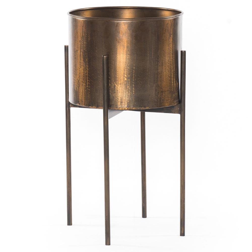 Jared Industrial Loft Brass Iron Brown Base Round Outdoor Planter - Small|