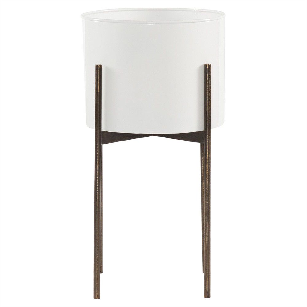 Jared Industrial Loft White Iron Brass Base Round Outdoor Planter - Small|