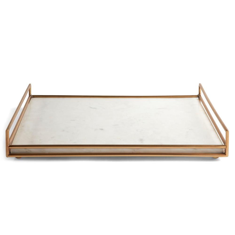 Tina Hollywood Regency Gold Iron Frame White Marble Rectangular Serving Tray|
