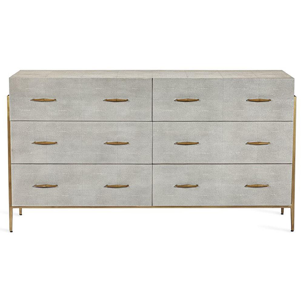 Morand Modern Grey Faux Shagreen Antique Brass Metal 6 Drawer Dresser|