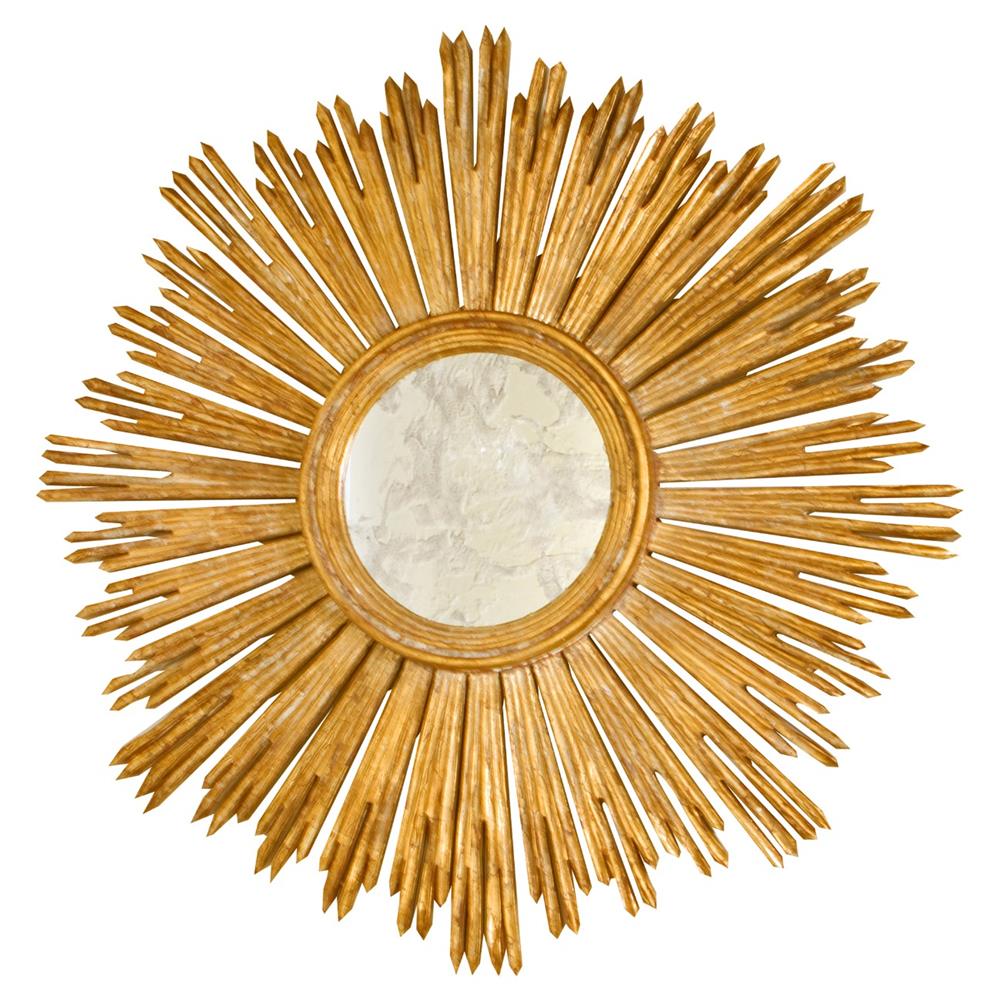 Worlds Away Margeaux Gold Leaf Wood Round Starburst Antique Wall Mirror|