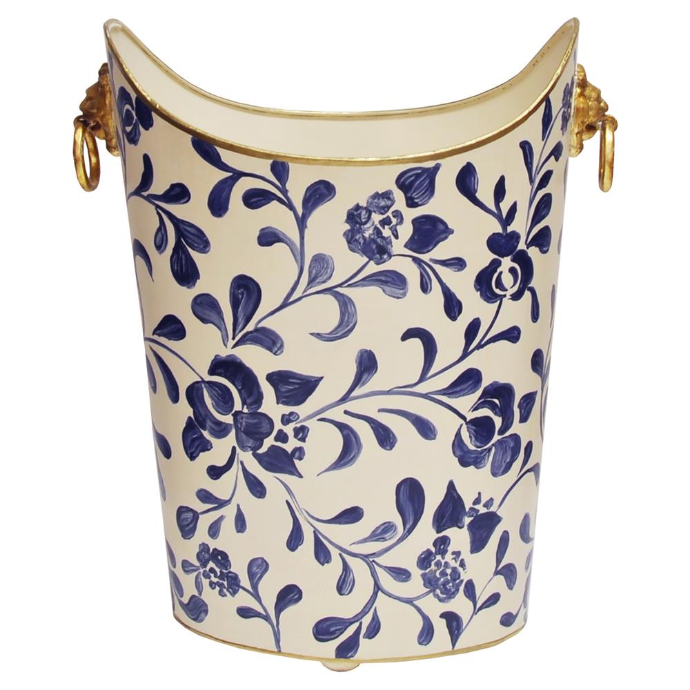 Worlds Away Regency Cream Metal Blue Leaves Gold Accent Oval Wastebasket|