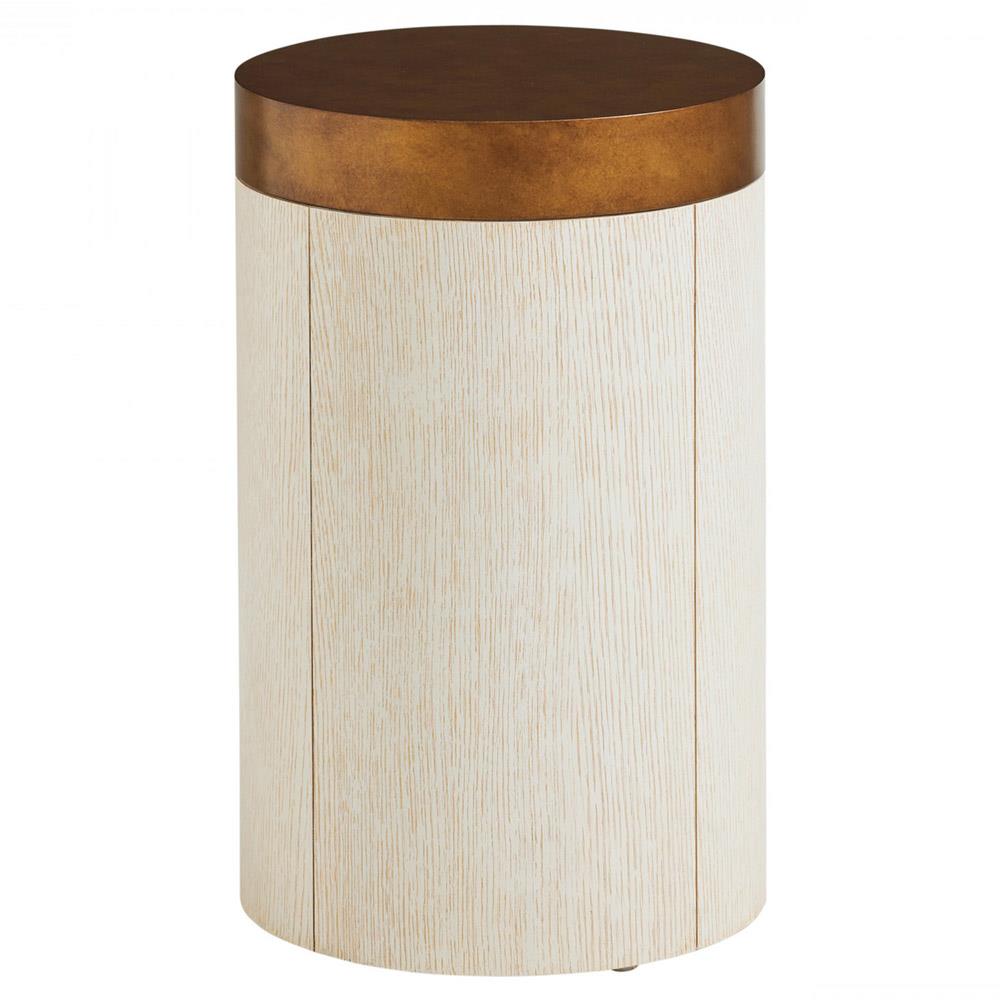 Crest Rustic White Oak Wood Brass Top Cylindrical Base End Table|
