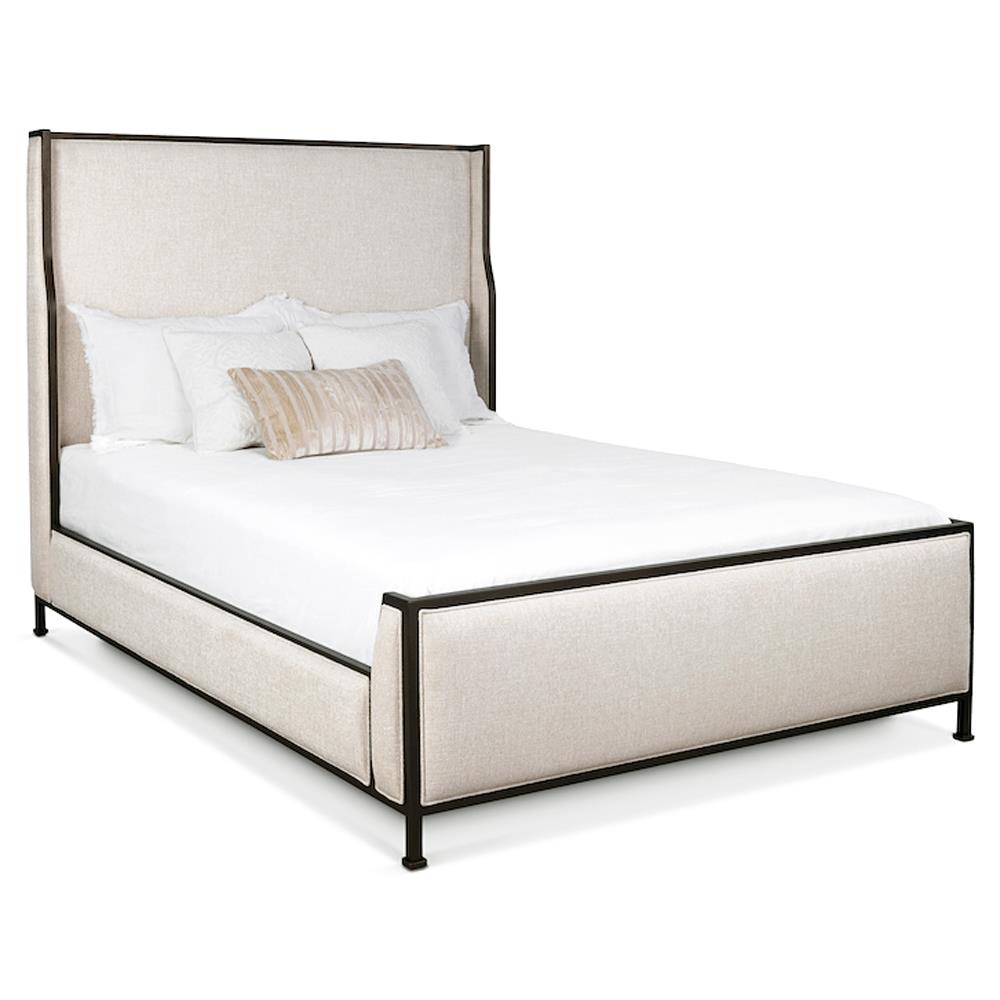 Linnea Modern Lyric Ivory Upholstered Matte Black Iron Wingback Bed - Queen|