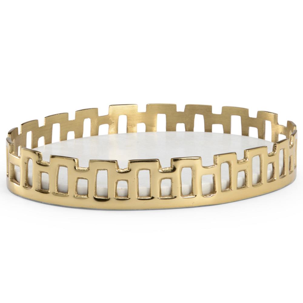 Monroe Regency White Marble Brass Metal Round Tray - Small|