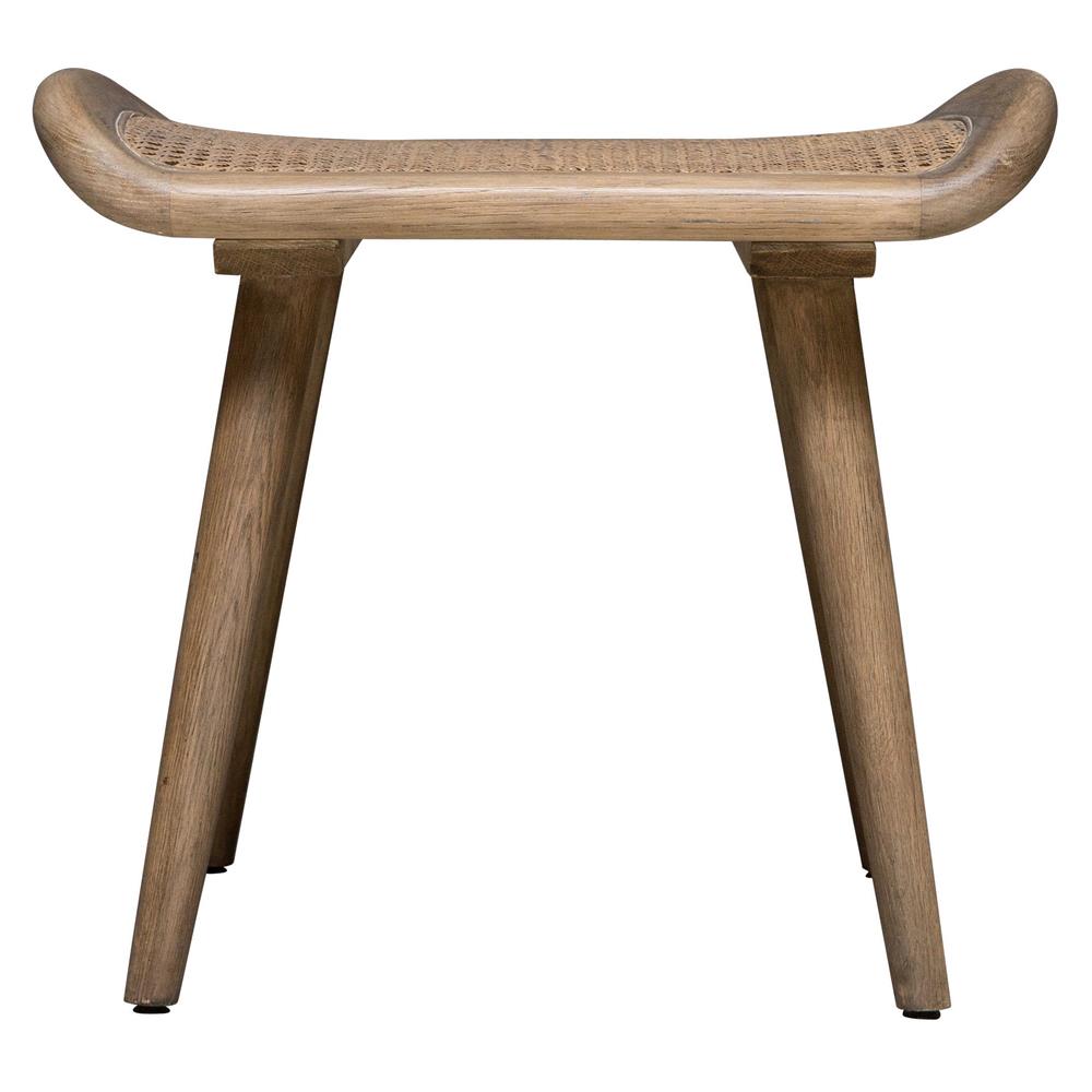 Anna Mid Century Brown Solid Oak Frame Woven Rattan Stool|