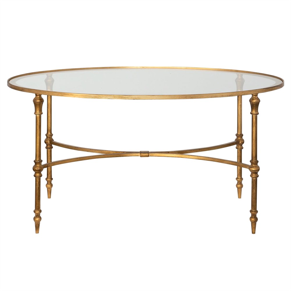 Victoria Hollywood Regency Antiqued Gold Frame Glass Top Oval Coffee Table|