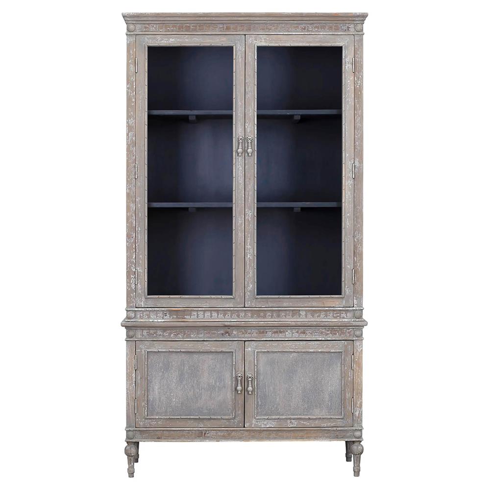 Jona French Country Grey Pine Clear Glass Door Dining Hutch China Cabinet|