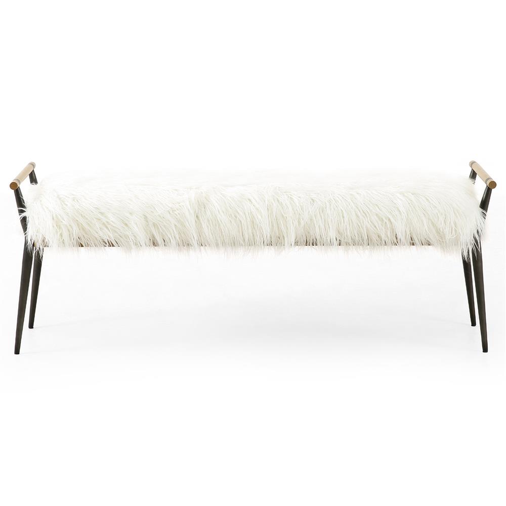 Mark Mid Century Cream Mongolia Fur Seat Black Steel Brown Oak Entryway Bench|