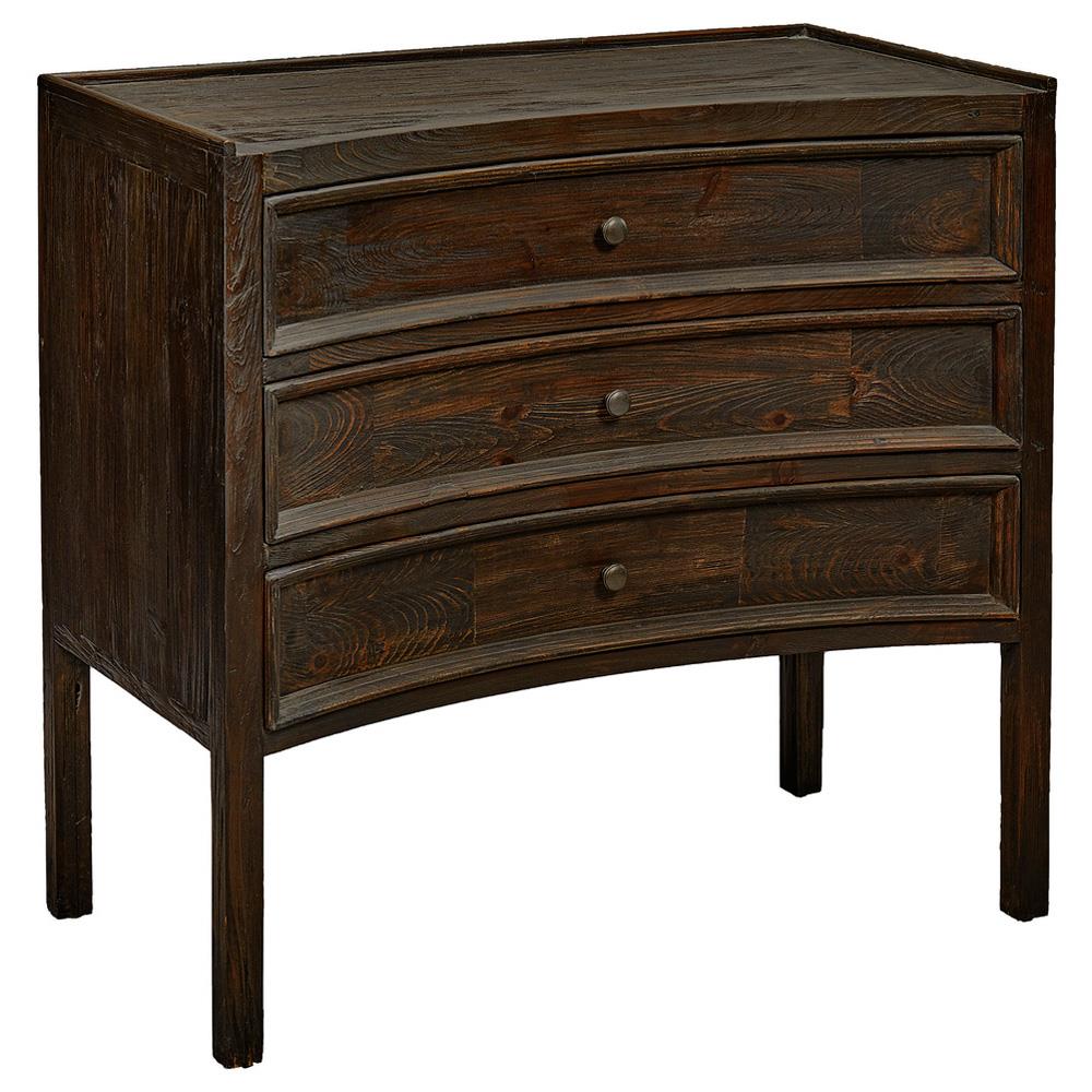Kadence Rustic Dark Brown Pine Wood Dovetail 3 Drawer Concave Bachelor Chest|