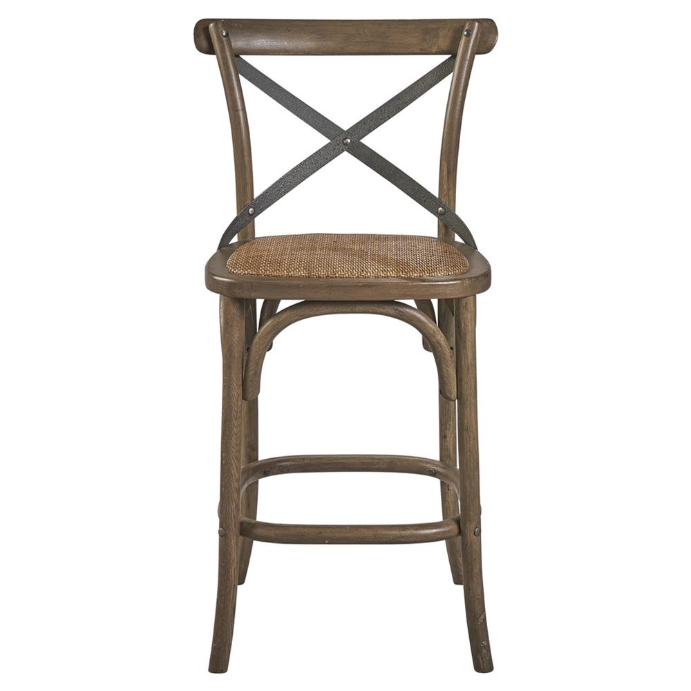 Maze Rustic Brown Seat Oak Wood Frame Grey Iron Cross Back Counter Stool|