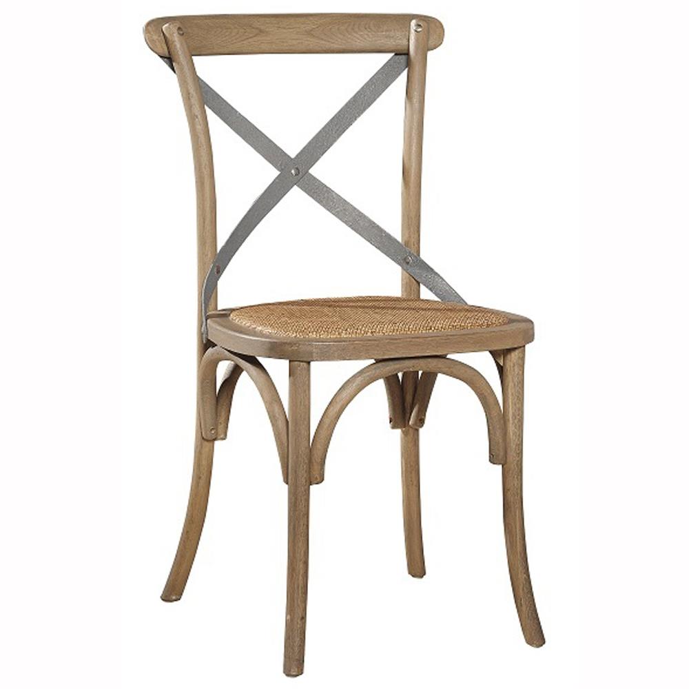 Maze Light Brown Oak Wood Woven Rattan Metal Cross Back Dining Side Chair|