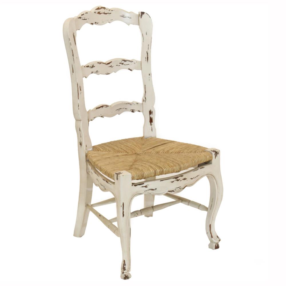 Lacey Rustic Brown Woven Distressed White Mahogany Wood Ladder Back Side Chair|