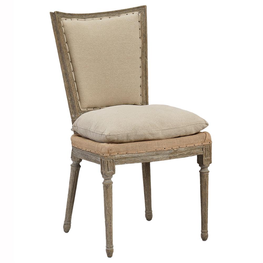 Ensley Beige Performance Gold Burlap Grey Pine Wood Nailhead Trim Side Chair|