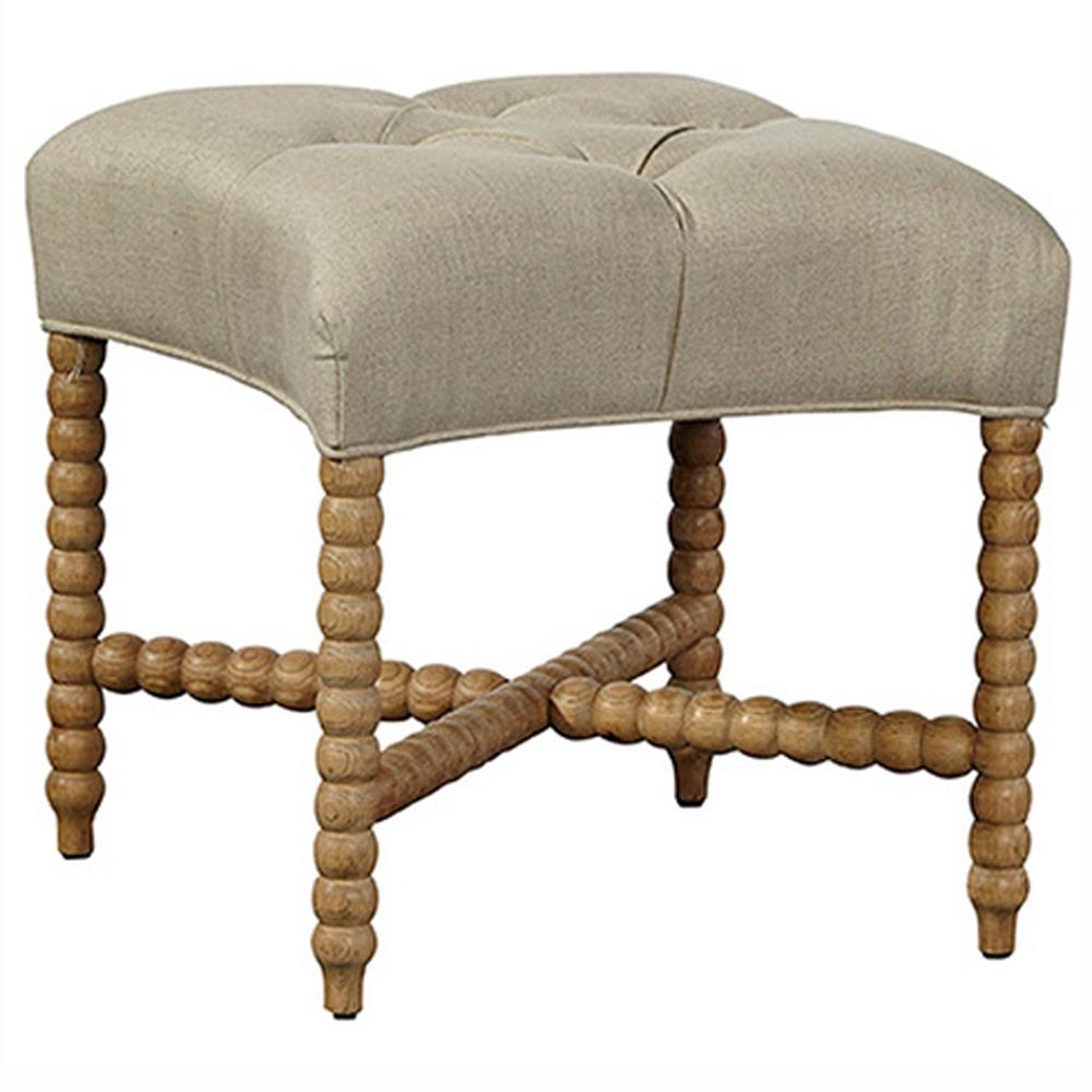 Wrenley French Country Beige Performance Fabric Brown Oak Wood Tufted Square Stool|