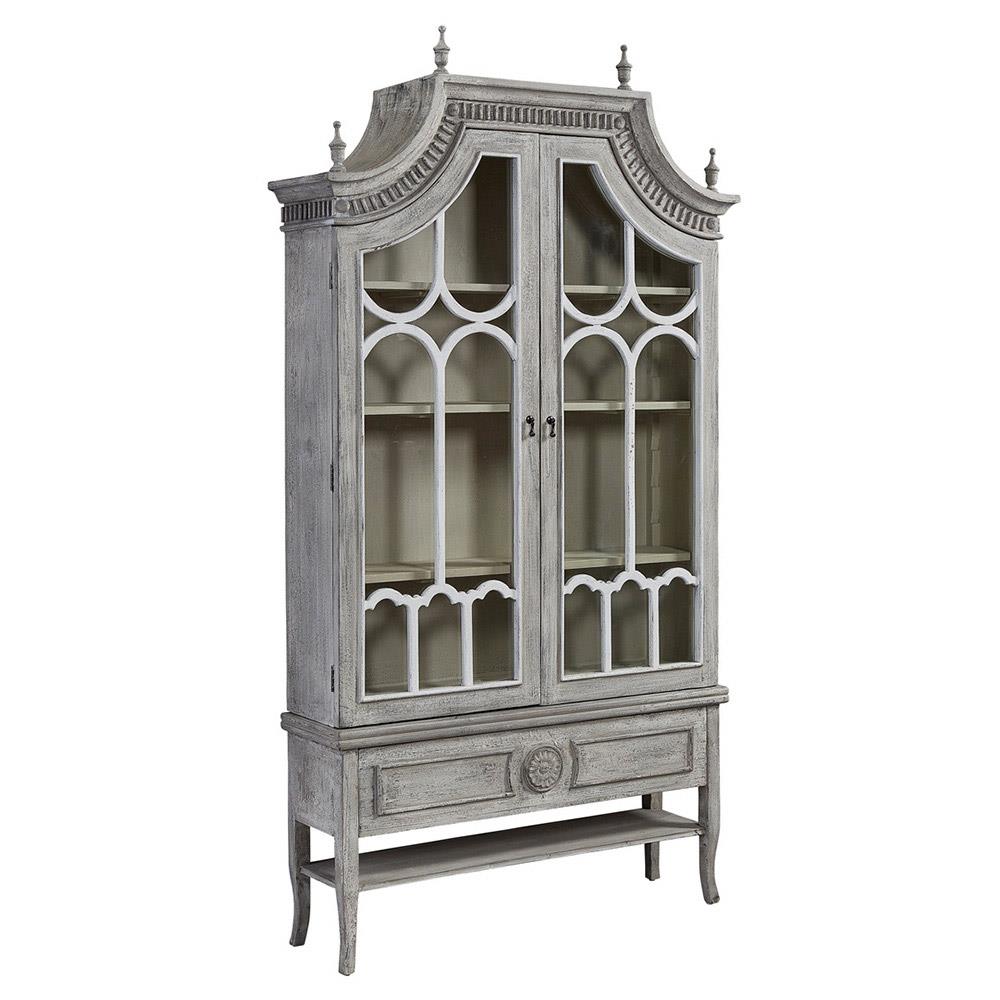 Bien French Country Grey Wood Glass Cathedral Arched Cabinet|